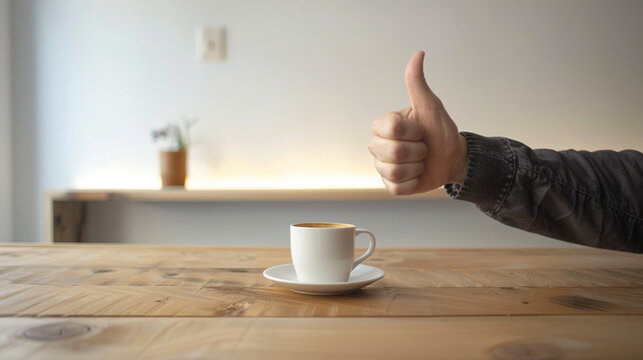 Quality of tea drink beverage. Positive reviews, customer advice. Hand showing thum up in restaurant or cafe with coffee cup or mug on the background. 