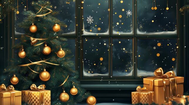 Decorated christmas tree with golden patchwork ornament artificial gold balls and big gift presents for new year. big window. christmas wallpaper. Ultra realistic. Photorealistic