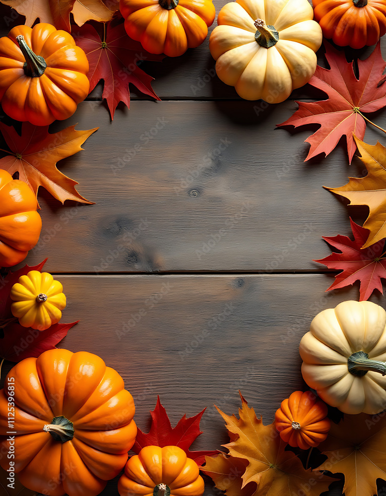 Poster rustic pumpkins and fall leaves arranged on a wooden background provide an inviting copy space for t