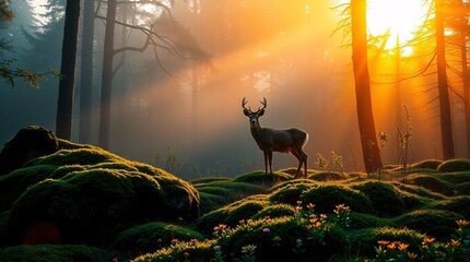Golden Hour Majestic Deer in Mystical Forest with Fog and Rich Tones