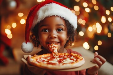 Naklejka premium Cute little black girl wearing a santa claus hat enjoying a slice of pizza during christmas celebrations
