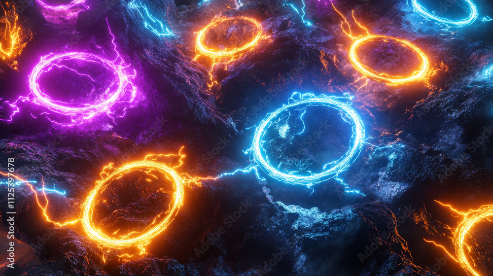Aufkleber electric lightning ring with color glow effect. illuminated neon round frames. vector realistic digi