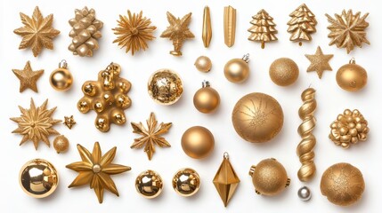 Gold christmas decoration on white background, flat lay, top view. christmas wallpaper. Ultra realistic. Photorealistic