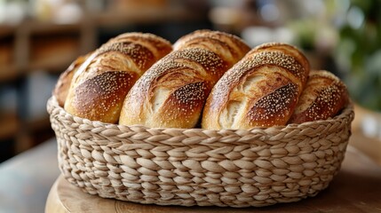 A woven basket filled with warm, golden-brown bread rolls sits on a wooden counter in a charming bakery. The rolls are crusty and sprinkled with sesame seeds.