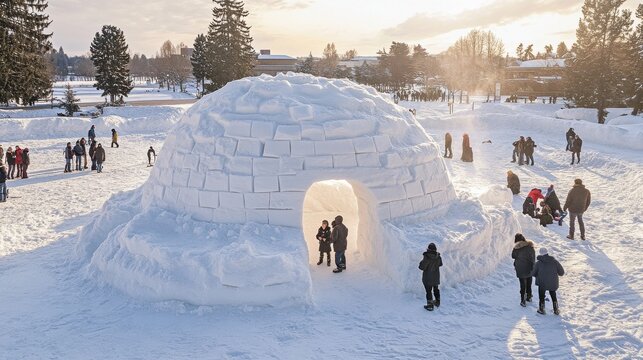 Giant snow igloo with people around at sunset.
