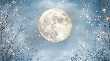 Full moon glowing against a starry sky with branches  