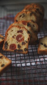 fruit cake fresh sweet dessert dried fruit traditional pastry, nuts meal food snack on the table copy space food background rustic top view
