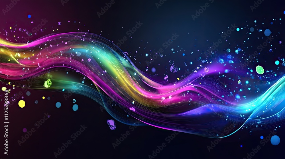 Poster abstract colorful wave with glowing particles.