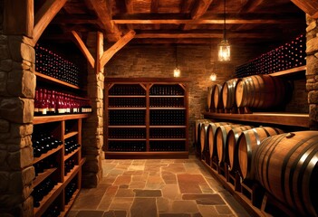 close elegant wine bottles displayed tasteful rustic cellar soft lighting highlighting artisanal labels, storage, aged, liquid, glass, vintage, vineyard