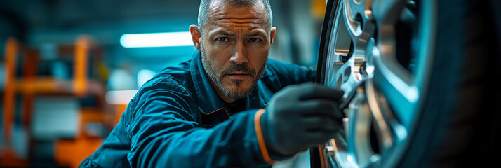 An approachable male car mechanic demonstrates his skill, tightening wheel bolts in a polished, high-tech garage with clean lines, vibrant lighting, and advanced tools, banner