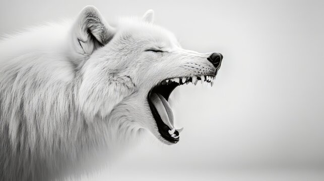 Potrait of white wolf barking with the white background. wolf wallpaper. Ultra realistic. Photorealistic hypermaximalist hyper realistic fine detail