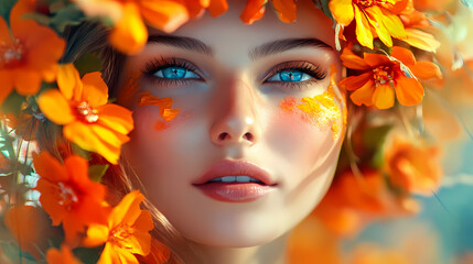 Fototapeta premium Generative ai image of beautiful young woman with colorful carnival wreath hat decorated with orange flowers with creative paint on face looking at camera. Carnival. Illustration