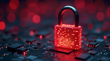 Cybersecurity lock on circuit board computer digital protection or encryption system for privacy tech innovation futuristic locked infrastructure for online cyber secure safety datum - generative AI