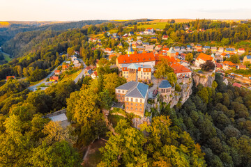 Village Hohnstein with Hohnstein castle and medieval half-timbered houses. Medieval building in Saxon Switzerland