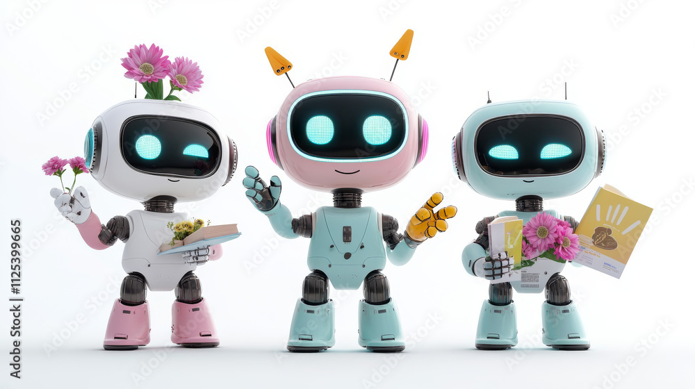 Poster set of cute robot characters isolated on background. vector cartoon illustration of funny smart bot 
