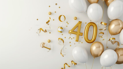 Elegant golden number 40 balloons with sparkling birthday decorations
