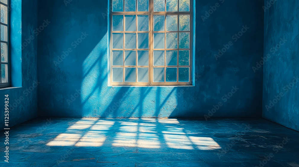 Poster an empty blue room with a large window casting soft shadows and golden sunlight reflecting off the w