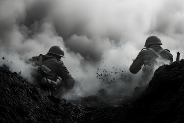 WWII soldiers in trenches, black and white image with billowing smoke and worn helmets