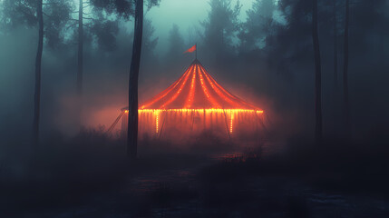Halloween circus, a glowing circus tent stands in a foggy forest, creating an enchanting and mysterious atmosphere, ideal for fantasy and eerie themes. Carnival. Illustration