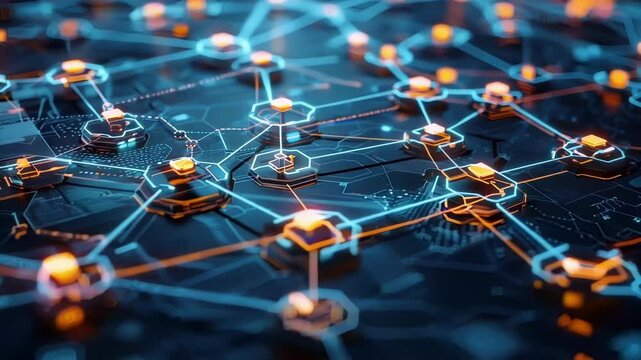 Intricate network of glowing nodes pulsates and shifts, representing the dynamic flow of data and information in a cutting edge technological system