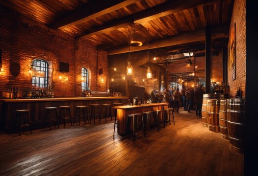 colorful lively interior craft beer brewery featuring rustic exposed brewing wooden inviting atmosphere, vibrant, cozy, design, decor, furniture, brick, barrel - Powered by Adobe