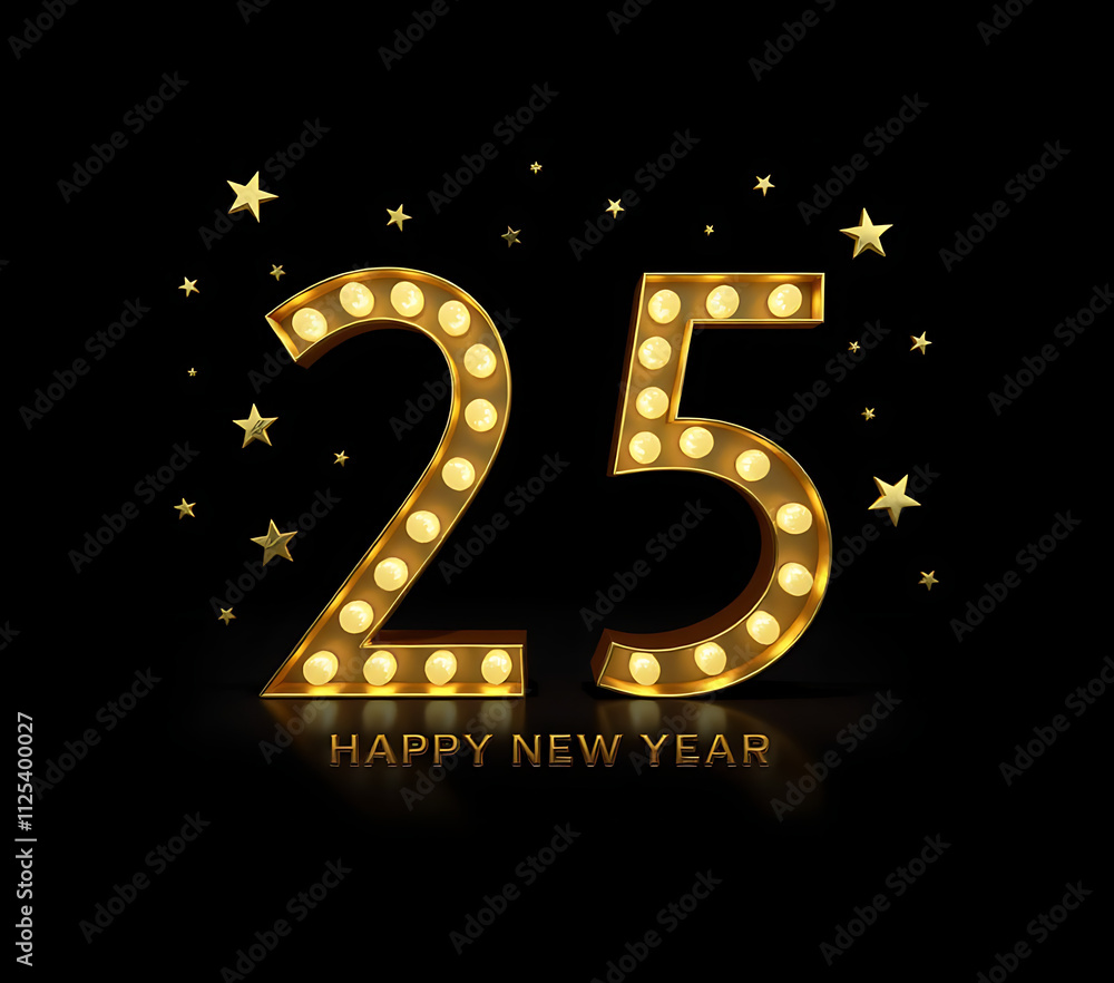 Poster happy new year sign features a black background with gold stars and the number 25 in a festive desig