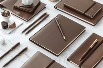 Minimalist Flat Lay of Mocha Mousse Stationery on White Marble Desk for Elegant Office Design