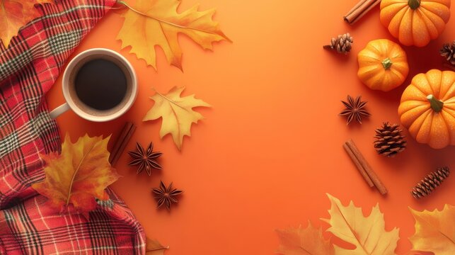 Autumn vibes immersion. Top-down shot of a cup of coffee, plaid blanket, small pumpkins, golden maple leaves, pine cone, anise, and cinnamon on an orange backdrop, room for text