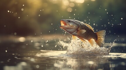 Largemouth bass leaping from water, splashing, sunset.