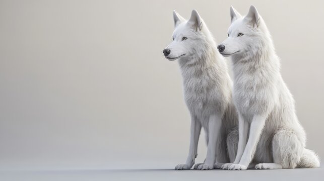 Two white wolf dogs sitting closely together on a gray background, showcasing their beautiful bond. wolf wallpaper. Ultra realistic. Photorealistic hypermaximalist hyper realistic fine detail