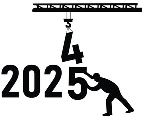 Happy new year 2025 welcome vector design. Year changing from 2024 to 2025. end of 2024 and starting of 2025. letter 3 Lifting by crane letter 4 pushing by a man. construction cranes with numbers 2025