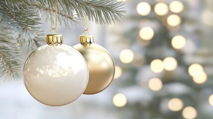 White and gold christams decorations with blurred christmas tree in the background. christmas wallpaper. Ultra realistic. Photorealistic