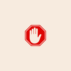 Stop road sign. Prohibited warning icon. Palm in red octagon. Road stop sign with hand isolated flat vector design.