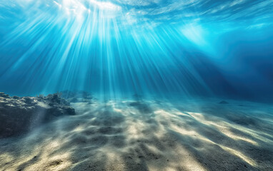 Fototapeta premium Ethereal Underwater Scene with Sunlight Filtering Through Clear Blue Water, Illuminating the Ocean Floor, serene atmosphere, perfect for a background or wallpaper