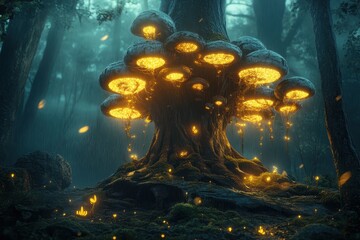 Obraz premium Magical glowing mushrooms on an ancient tree in an enchanted forest, creating a mystical and surreal atmosphere with warm light.