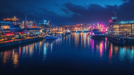 Fototapeta premium Night cityscape with colorful lights reflecting on calm water, harbor, boats, and buildings.