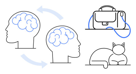 Human brains exchanging ideas via arrows, business briefcase symbolizing work, and sleeping cat indicating relaxation. Ideal for productivity, collaboration, multitasking, work-life balance