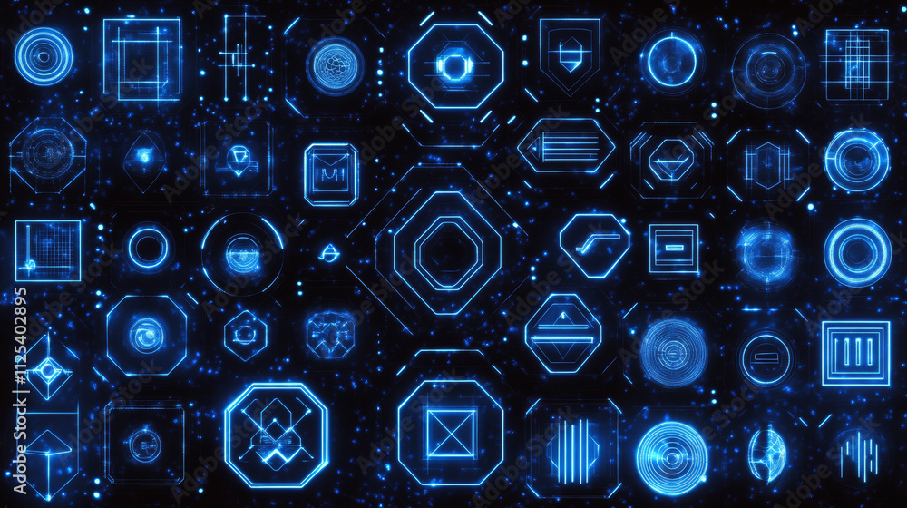 Poster futuristic blue frames with neon glowing tech elements on black backdrop. various geometric shapes -
