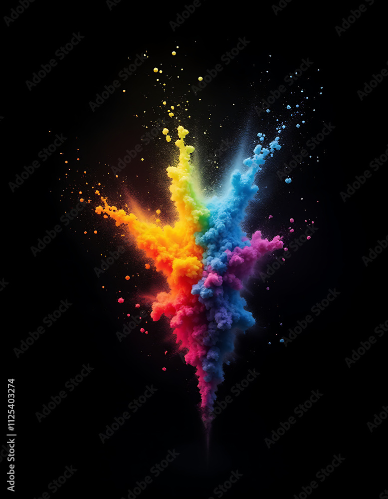 Aufkleber Colorful rainbow particles explode on a dark black background creating an abstract colorful overlay effect visually._00001_
