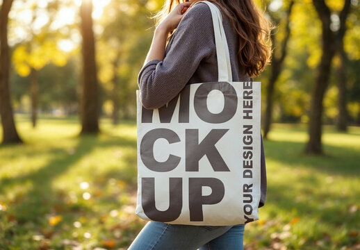 Mockup of Woman Holding Blank Tote Bag in Park Setting
