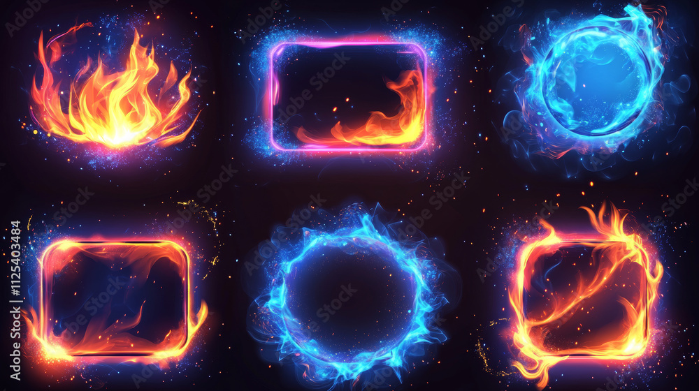 Poster abstract neon frames with fire and ice energy effect. circle and square signs with border of burning