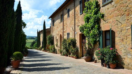 Cobblestone paths lead through picturesque houses in Pienza, adorned with lush greenery and vibrant flowers. A serene moment to embrace Tuscany's timeless beauty and tranquil atmosphere
