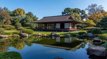 Obraz premium Japanese Tea House Roof Structure in Tranquil Garden