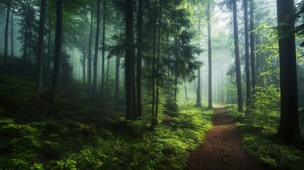 Misty forest path through tall trees.