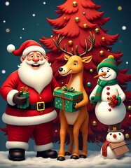Colorful Christmas characters including Santa Claus, reindeer, and a snowman hold gifts in front of a bright red decorated Christmas tree._00001_