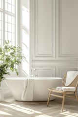 3D rendering of a modern bathroom with an elegant minimalist design, white marble and soft natural lighting. 
