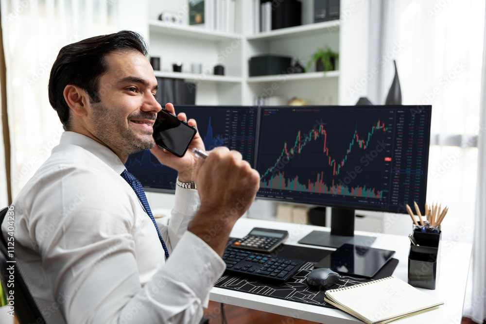 Poster trader businessman calling to consultant or partner with two stock exchange investment, compare data