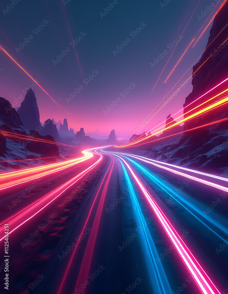 Poster bursts of neon light trails speed across futuristic landscapes, creating a dynamic effect that blurs