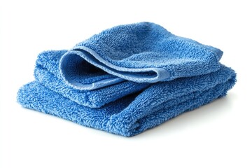 Laundered Microfiber Cleaning Cloth: Folded Blue Towel on White Background Closeup