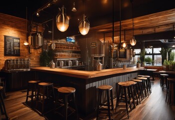 stylish craft brewery interior showcasing modern brewing cozy tasting rustic decor elements inviting atmosphere, taproom, bar, seating, tables, lighting